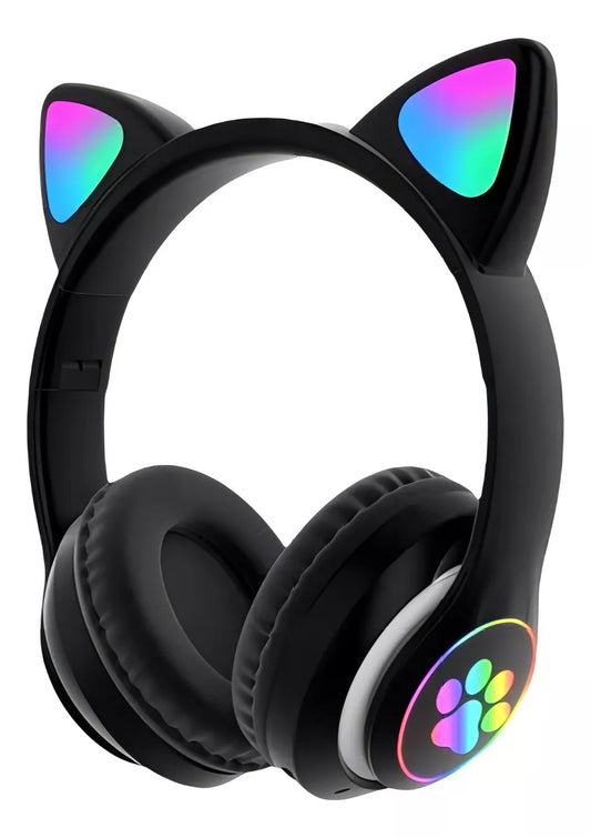 Fone De Ouvido Bluetooth Com Led Infantil Orelhinha Gato KA910 - Preto