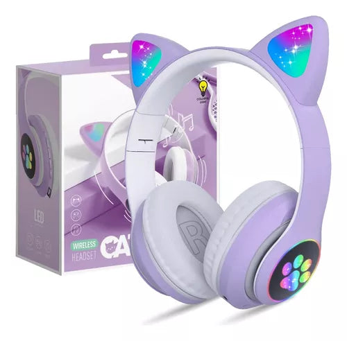 Fone De Ouvido Bluetooth Com Led Infantil Orelhinha Gato KA910 - Roxo